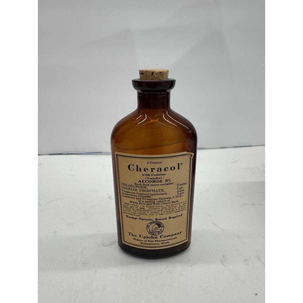 Upjohn Cheracol Codeine Bottle • Vintage Amber Apothecary Pharmacy Advertising